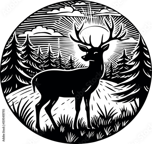 Silhouette of a deer standing in a forest clearing with sunset in the background