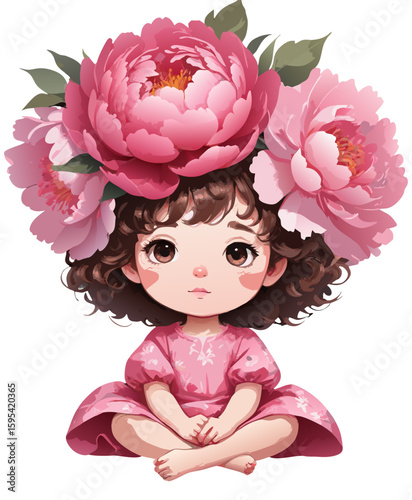 "Sad Pink Peony Crown Girl Digital Vector - Curly Haired Cute Cartoon Toddler Sitting with Blooms, Emotional Illustration for Kids Stories or Cards" (124 characters)