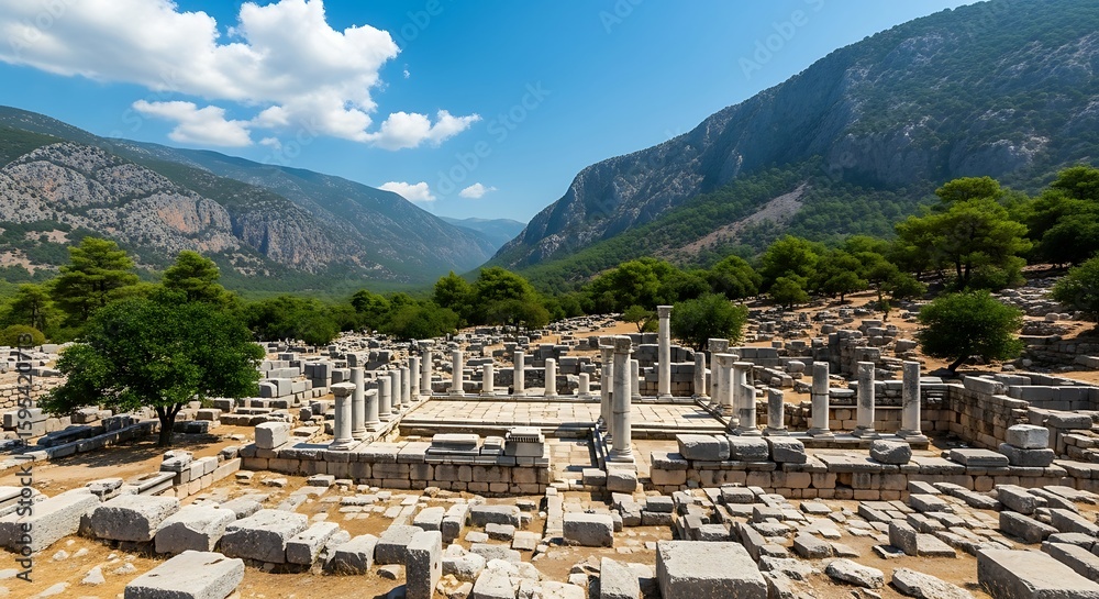 Obraz premium Panoramic view of the ancient Delphi ruins in Greece under a blue sky with clouds showcases