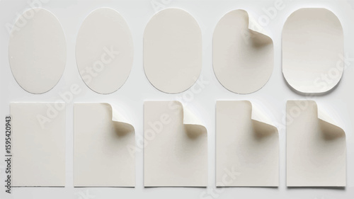 Ten white paper stickers with curled corners on a light gray background