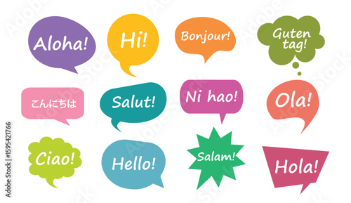Multiple languages say "hello" in speech bubble