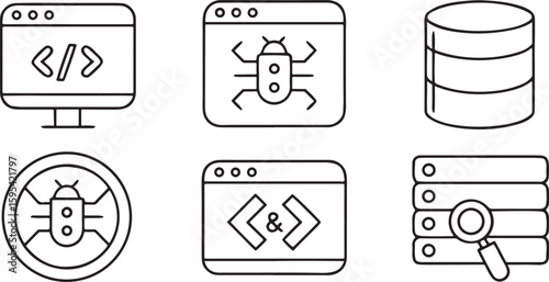Coding and development icons pack, HTML tag, CSS file, code editor interface, bug fixing symbol, database setup, server gear, modern programming vector