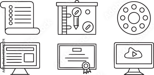 Modern education icons, online learning system, video lecture screen, exam sheet, test form, certificate badge, course progress, academic forum layout