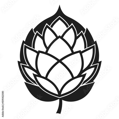 Stylized black and white graphic illustration of a hop cone with a stem