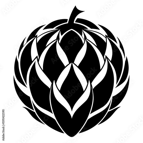 Stylized black and white graphic illustration of a hop cone with overlapping petals