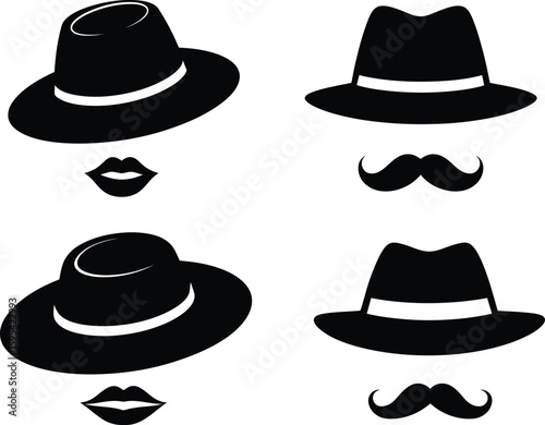 Hat lips mustache silhouette vector illustration, black retro face icon set