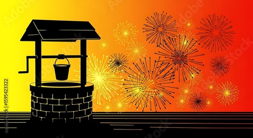 Wishing Well and Fireworks: A Festive Celebration Graphic