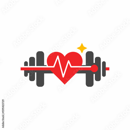 A stylized illustration featuring a barbell, a red heart with a heartbeat line, and a golden star.