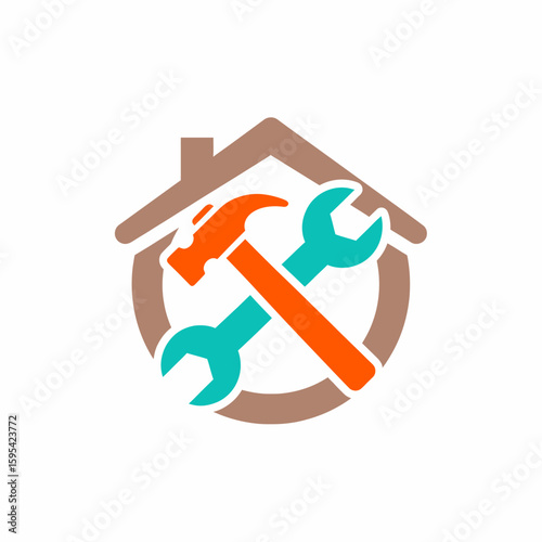 Home improvement logo featuring crossed tools inside a house-shaped frame.