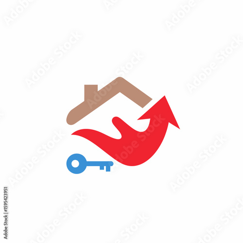 Real estate logo featuring a house, key, and upward arrow symbolizing growth and opportunity.