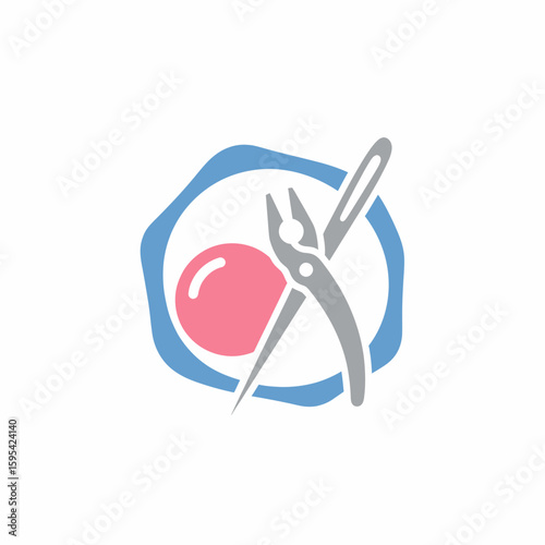 A stylized logo featuring sewing tools and a pink bead, possibly for a craft or design business.