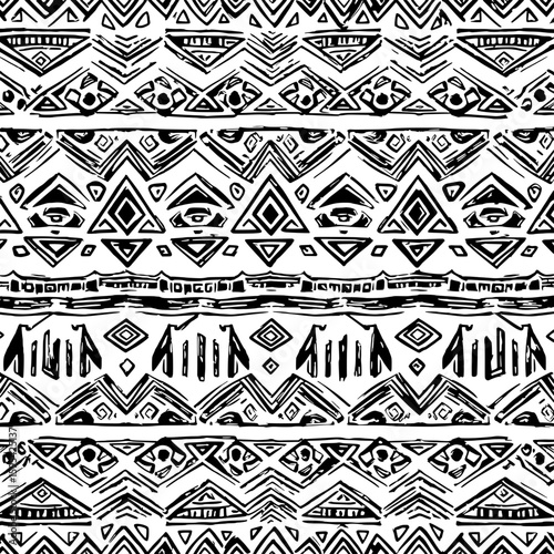 Geometric Pattern Design: Intricate black and white geometric pattern, repeating seamlessly, offering a visually engaging design element.