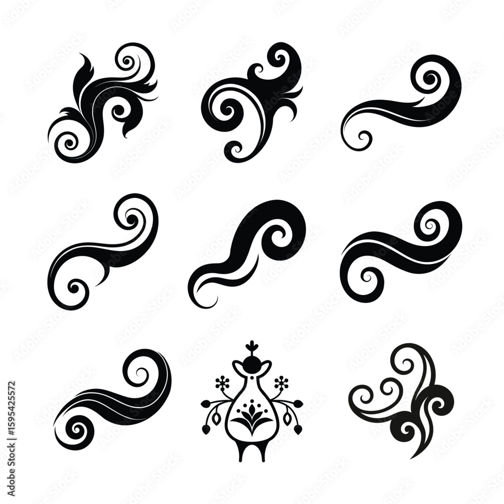Fototapeta premium Vector curl swirl art set for design themes Silhouette Vector illustration