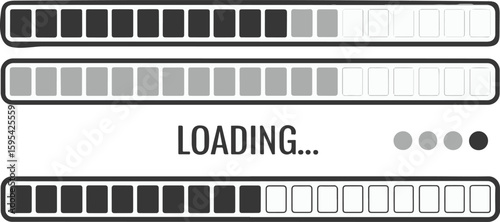 Progress bar infographic icons, six black and white loading bars, varying length designs, loading text, empty to full stages, minimal digital art, clean layout