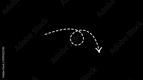 Down arrow direction with dotted line animation. White arrow direction on transparent background. 4k Video