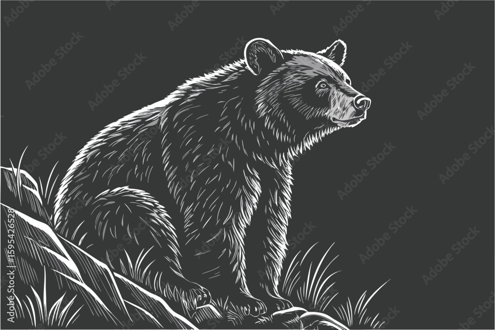 Obraz premium furry black bear, sitting, hyper realistic, highly detailed, 8k, cinematic lighting, dramatic pose, wildlife photography, dark background