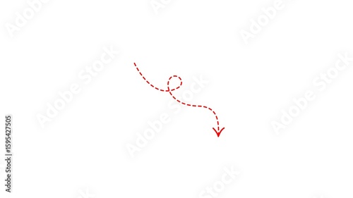 Down arrow direction with dotted line animation. Red down arrow direction on transparent background. Alpha channel
