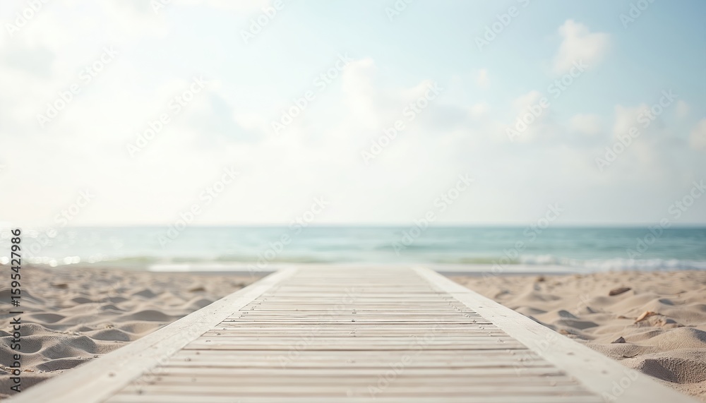 Fototapeta premium Empty wooden boardwalk leads to sandy beach with ocean waves under soft sky. Natural wood path offers serene access to seaside relaxation, tranquil outdoor vacation moments. Perfect summer getaway