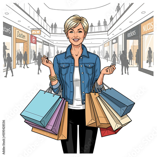 Stylish Woman Joyfully Shopping with Bags at the Mall