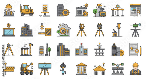 Flat Vector Icon set of Civil Engineering Equipment and Professions