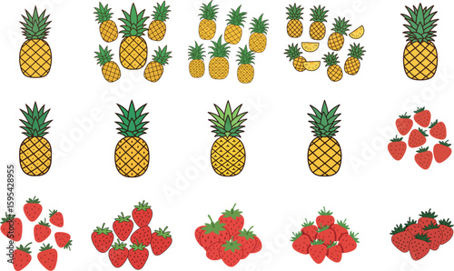 Collection of colorful cartoon style illustrations featuring ripe pineapples and fresh strawberries arranged in various groupings on a white background