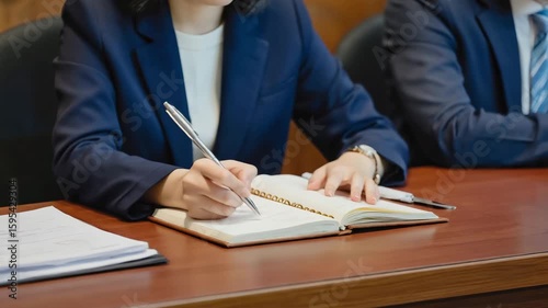A close-up of a businesswoman's hands in a suit, writing notes with a pen in a journal during a corporate meeting, seminar, or legal deposition.