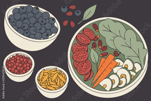 28 a large arrangement of various bowls filled with different healthy and colorful foods, including blueberries, pomegranate seeds, pepitas, goji berries, turmeric, leafy greens, carrots, olives, and 