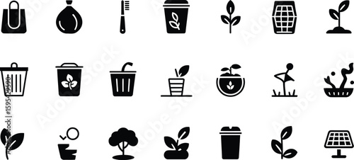 Collection of eco friendly icons for sustainability and green living.A grid of black and white icons representing various aspects of eco-friendly living, recycling, and plant growth.