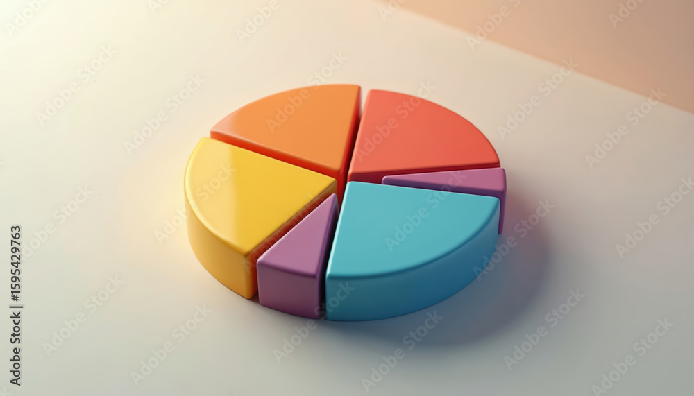Obraz premium Colorful 3D pie chart with glossy reflections, segments separated. Simple, modern design on neutral background. Use for business analysis, data presentation, website infographics, concept