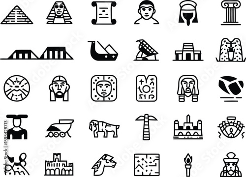Collection of ancient egyptian icons and symbols.A grid of hand-drawn icons representing various aspects of ancient Egyptian culture, history, and mythology.