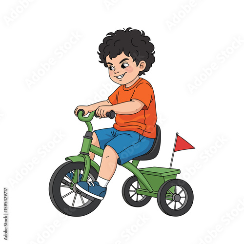 Cartoon Boy Enjoying Ride on a Green Tricycle