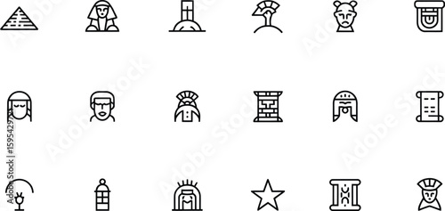 Collection of ancient civilization icons and symbols.A grid of simple line art icons representing various historical and ancient civilizations, including pyramids, figures, and structures.
