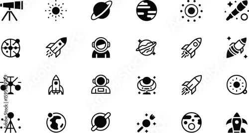 Collection of space exploration and astronomy icons.A grid of diverse black and white icons representing various aspects of space, astronomy, and space travel.