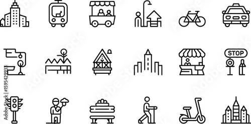 Urban city icons representing transportation and buildings.