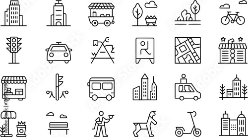 Collection of city life and transportation icons.