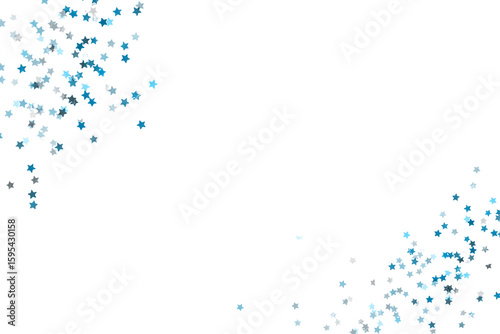 Blue and Silver Star Confetti Scattered on Black Background: Festive, Elegant Design Element.