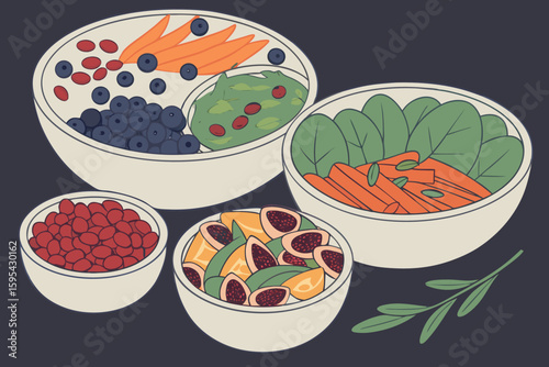   a large arrangement of various bowls filled with different healthy and colorful foods, including blueberries, pomegranate seeds, pepitas, goji berries, turmeric, leafy greens, carrots, olives, and 
