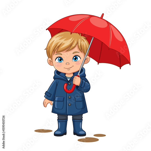 Rainy Day Fun Boy with Red Umbrella Illustration