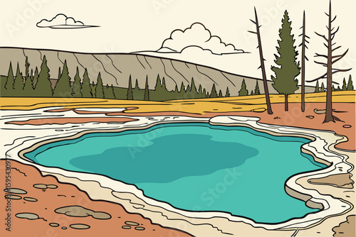   natural pools, mineral deposits, turquoise water, rugged terrain, mountainous landscape, geothermal springs, vibrant colors, tranquil scenery, geological formations, serene environment, breathtakin