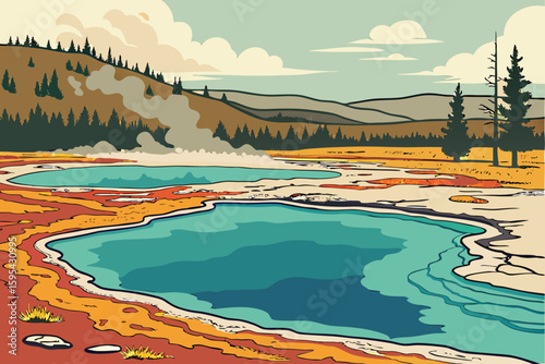   natural pools, mineral deposits, turquoise water, rugged terrain, mountainous landscape, geothermal springs, vibrant colors, tranquil scenery, geological formations, serene environment, breathtakin