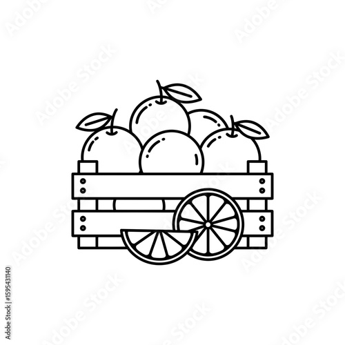 Black line icon of citrus fruit crate with lemons oranges and half-cut wedges
