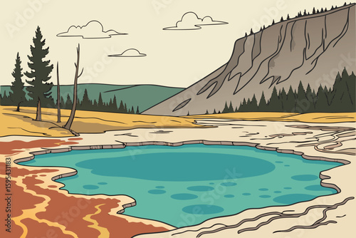   natural pools, mineral deposits, turquoise water, rugged terrain, mountainous landscape, geothermal springs, vibrant colors, tranquil scenery, geological formations, serene environment, breathtakin