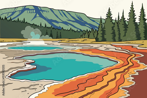   natural pools, mineral deposits, turquoise water, rugged terrain, mountainous landscape, geothermal springs, vibrant colors, tranquil scenery, geological formations, serene environment, breathtakin