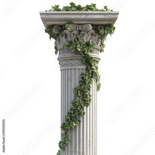 Ancient greek column with green ivy isolated on transparent background