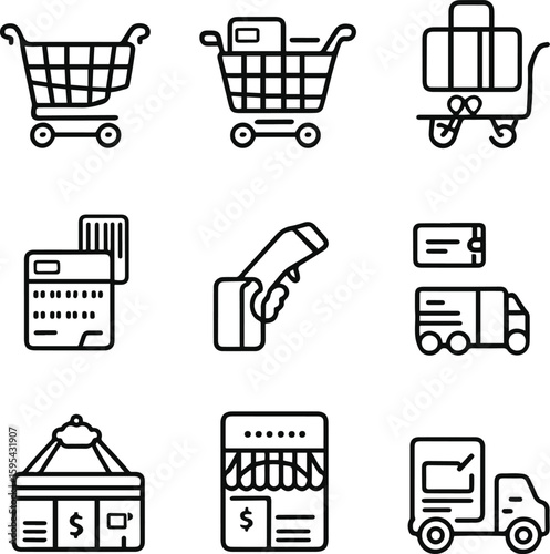 Minimal black and white line icon set for e-commerce and online shopping. Include icons like shopping cart, credit card, barcode scanner, discount tag, delivery truck, and mobile payment, each drawn 3