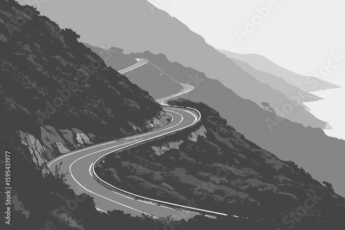  dramatic aerial view of curving mountain road through fog,cinematic dramatic landscape with winding road on mountainous terrain,moody epic scenic overlook of serpentine mountain highway surrounded 