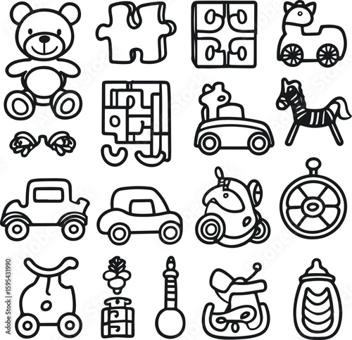black and white line icons of toys and children's items such as teddy bear, puzzle piece, building blocks, toy car, rocking horse, rattle, and baby bottle 1