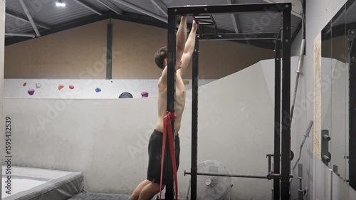 Young White Adult Bodybuilder In Black Shorts Dead Hanging From Pull Up Bar Sideways View