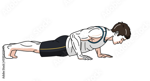 Illustrated Man Performing Push-Up Exercise in Sports Attire for Fitness and Strength Training