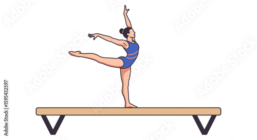 Illustration of a Female Gymnast Performing a Pose on the Balance Beam in a Gymnastics Routine